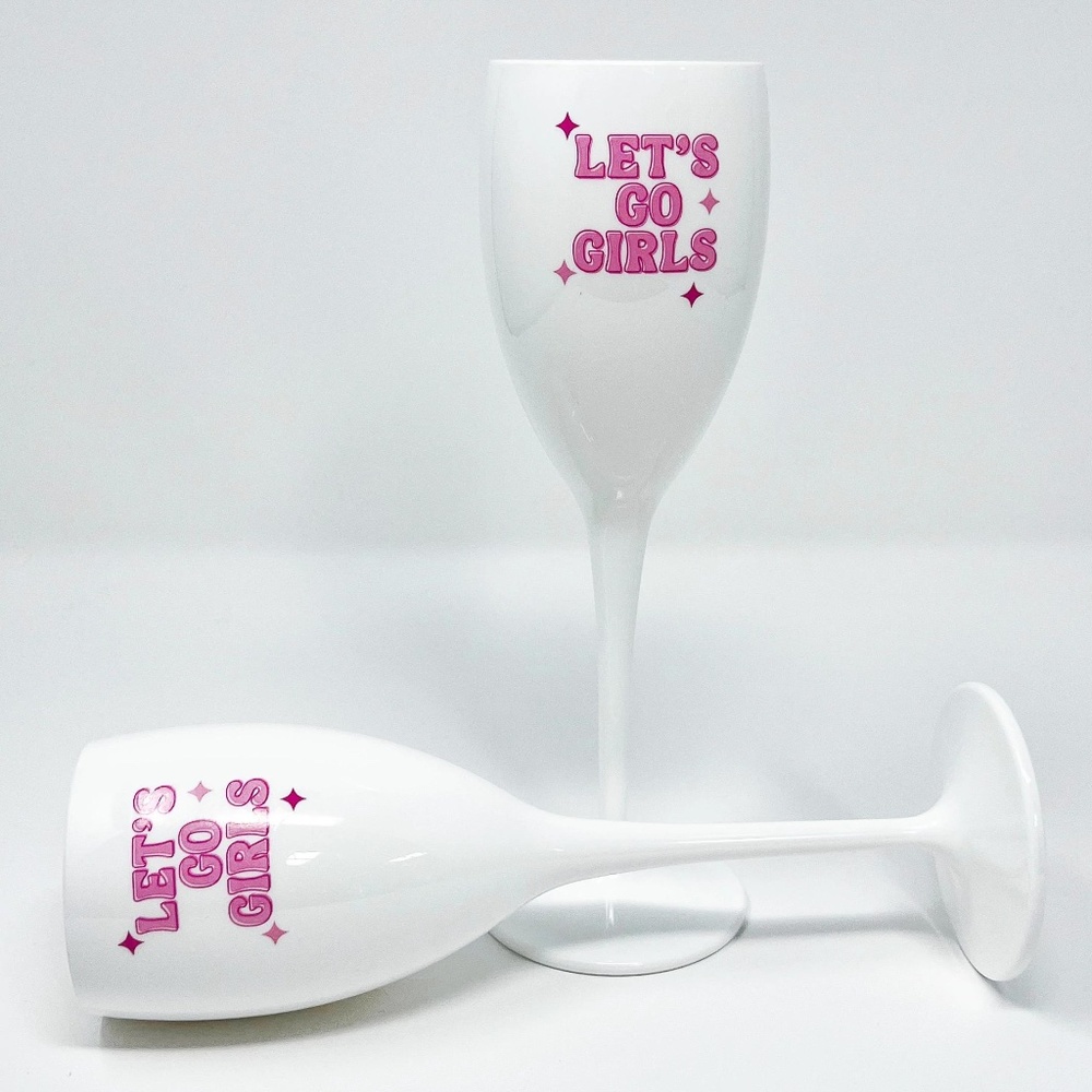 NWT Acrylic Champagne Flute glasses sold as a Set of 2 Let's Go Girls